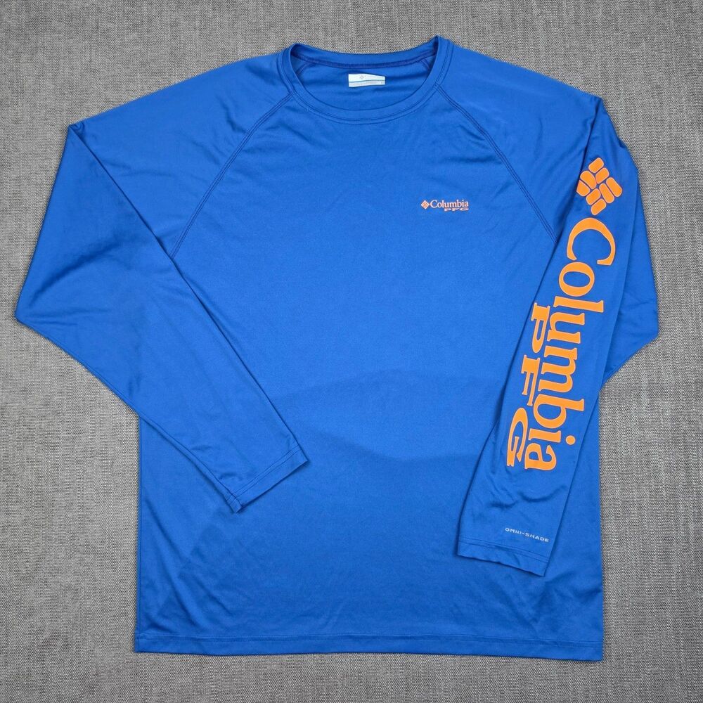 Columbia PFG Mens Large L Blue Long Sleeve Omni-Shade Fishing Shirt Sleeve Logo